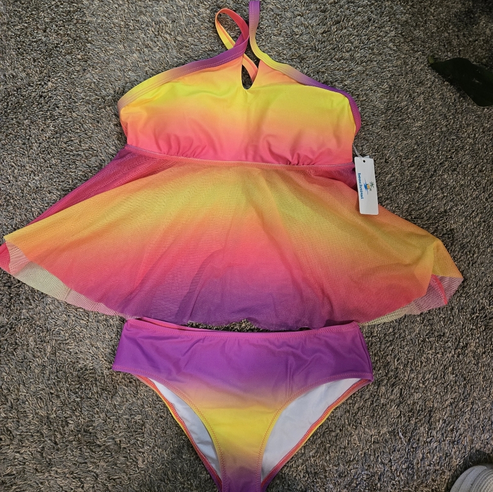 Yellow and Pink Bikini with Halter Top and Flared Design